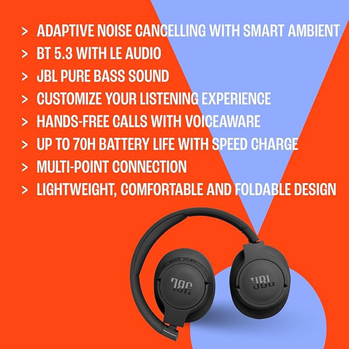 JBL Tune 770NC Wireless Over-Ear Headphones – Adaptive Noise Cancelling, JBL Pure Bass Sound, Bluetooth 5.3, 70-Hour Battery Life – Black