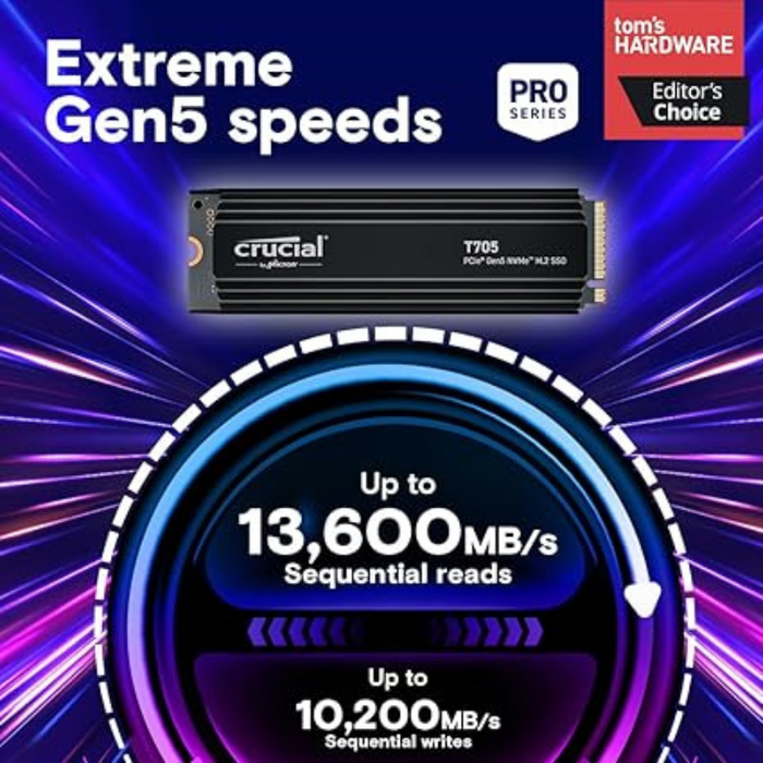 Crucial T705 1TB NVMe PCIe Gen5 M.2 Solid State Drive with Heatsink - Black