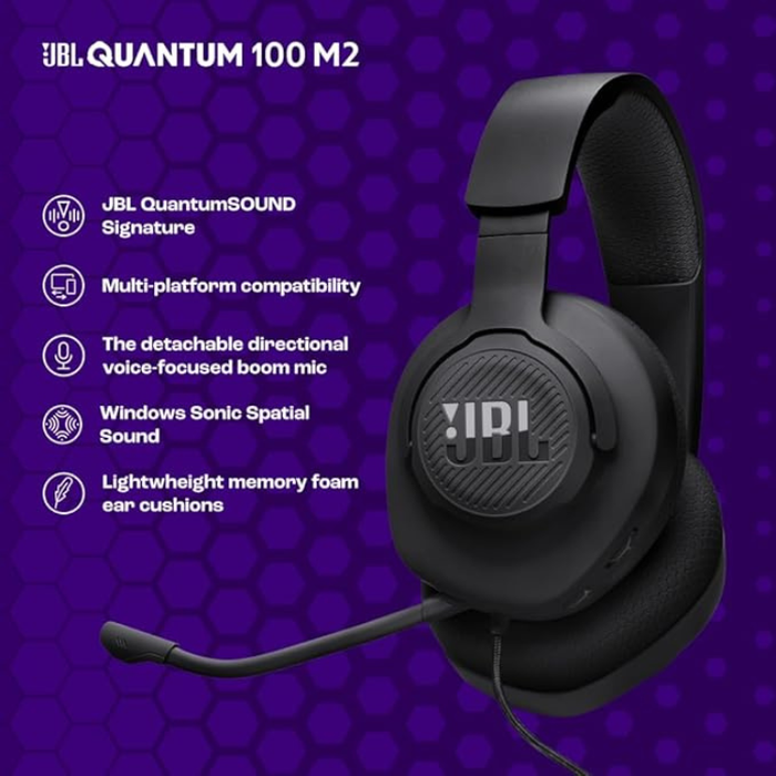 JBL Quantum 100M2 Wired Over-Ear Gaming Headset with JBL QuantumSOUND Signature, Detachable Boom Mic, Multi-Platform Compatibility, and Memory Foam Comfort